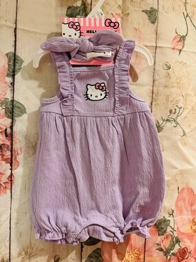 Hello Kitty Baby Girl Clothes 2 Pc Set Romper Overall & Bow Purple 9 Months NWT